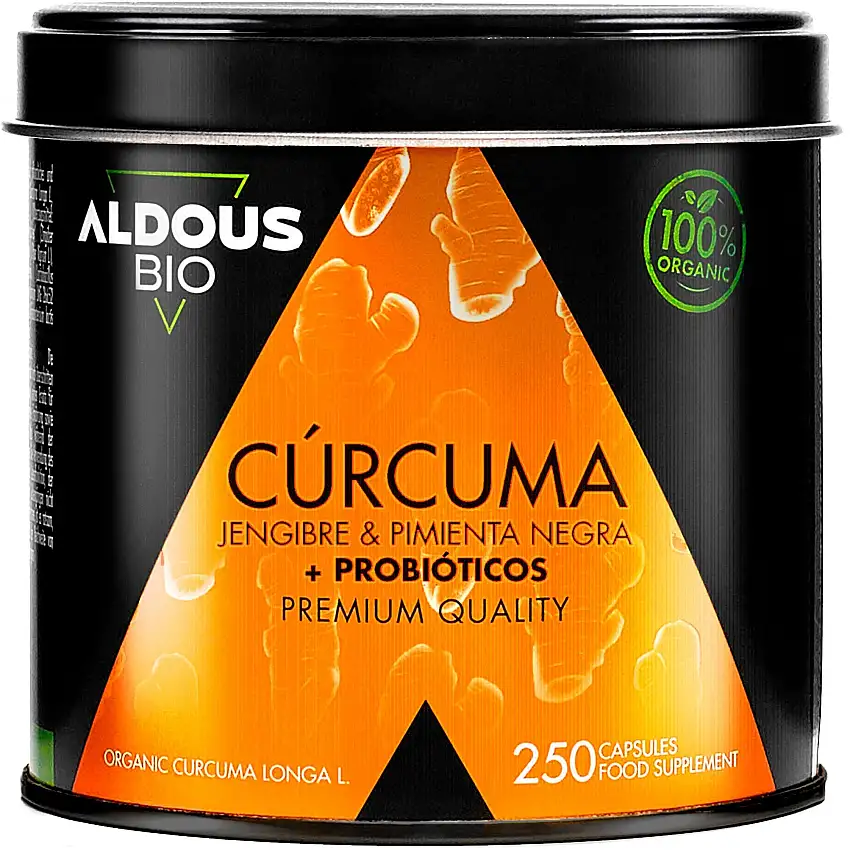 Aldous Cúrcuma Ecológica con Probióticos, Jengibre y Pimienta Negra 250 Cápsulas